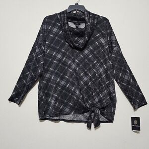 IN Studio Top Blouse Plus Size 3X Black Gray Plaid Long Sleeve Turtle Neck  1060